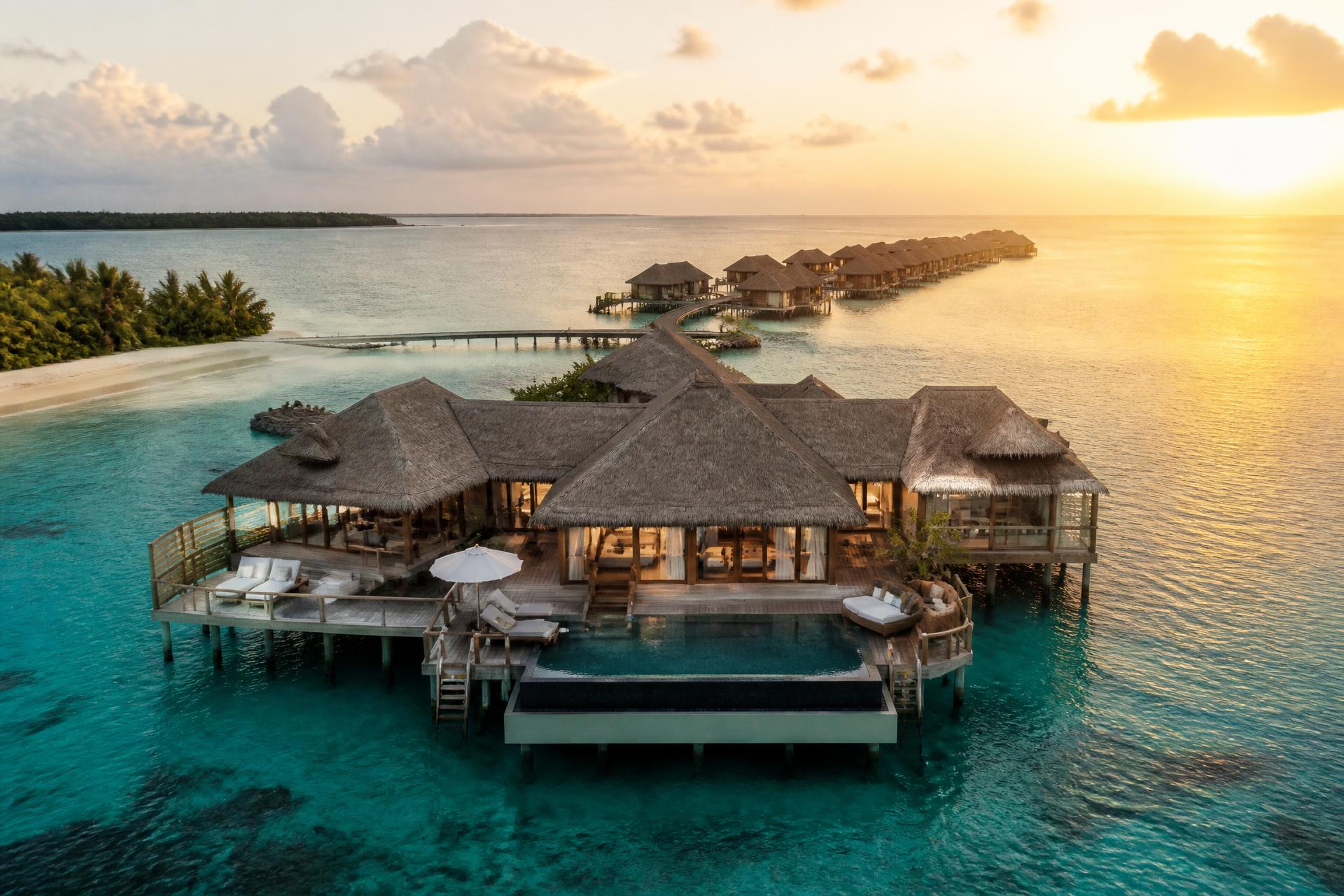 Villas sobre a água num resort de luxo ao pôr do sol