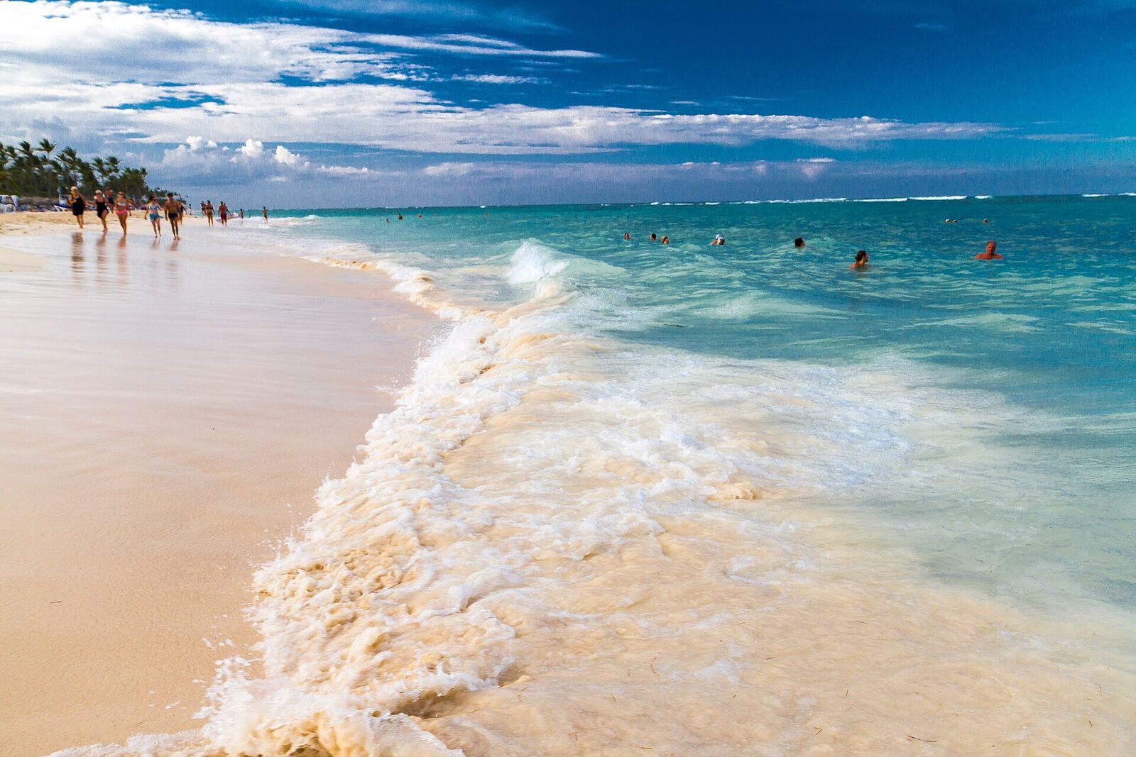 Palmeiras e praia panorâmica no Bávaro, República Dominicana