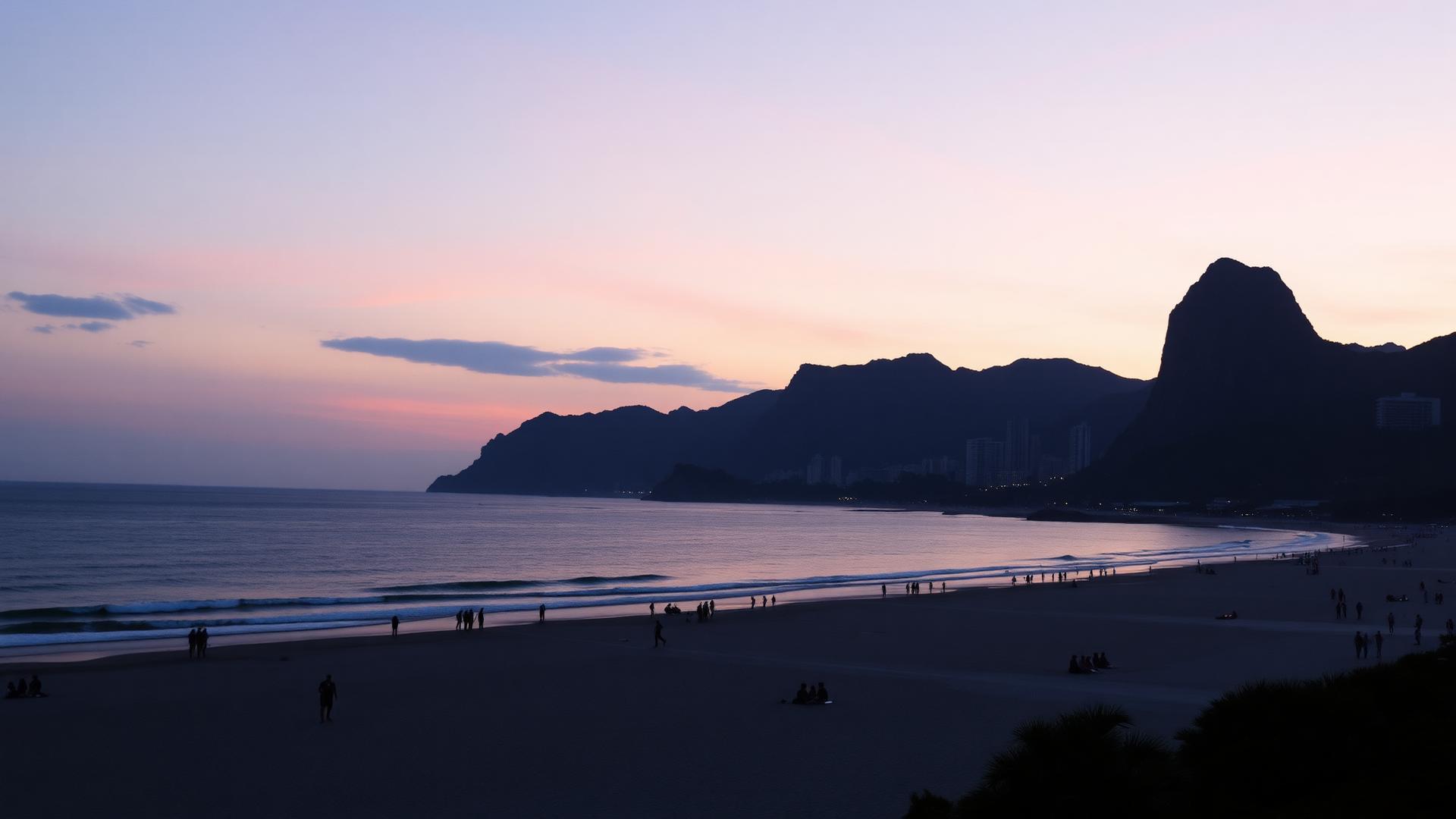 Praia de Ipanema ao entardecer com os Dois Irmãos ao fundo